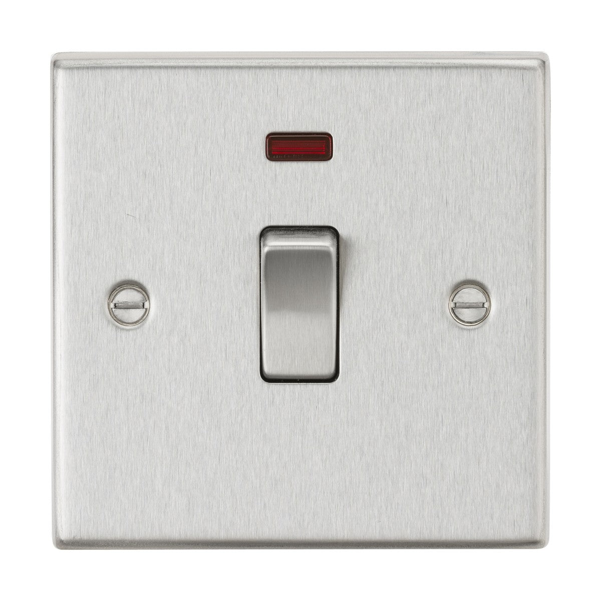 Introducing the 20A 1 Gang DP Switch Neon in Brushed Chrome with a Square Edge, ideal for managing water heaters. This switch features a convenient single toggle and includes a small red indicator light above it. The panel design incorporates two visible screws on each side for easy mounting.