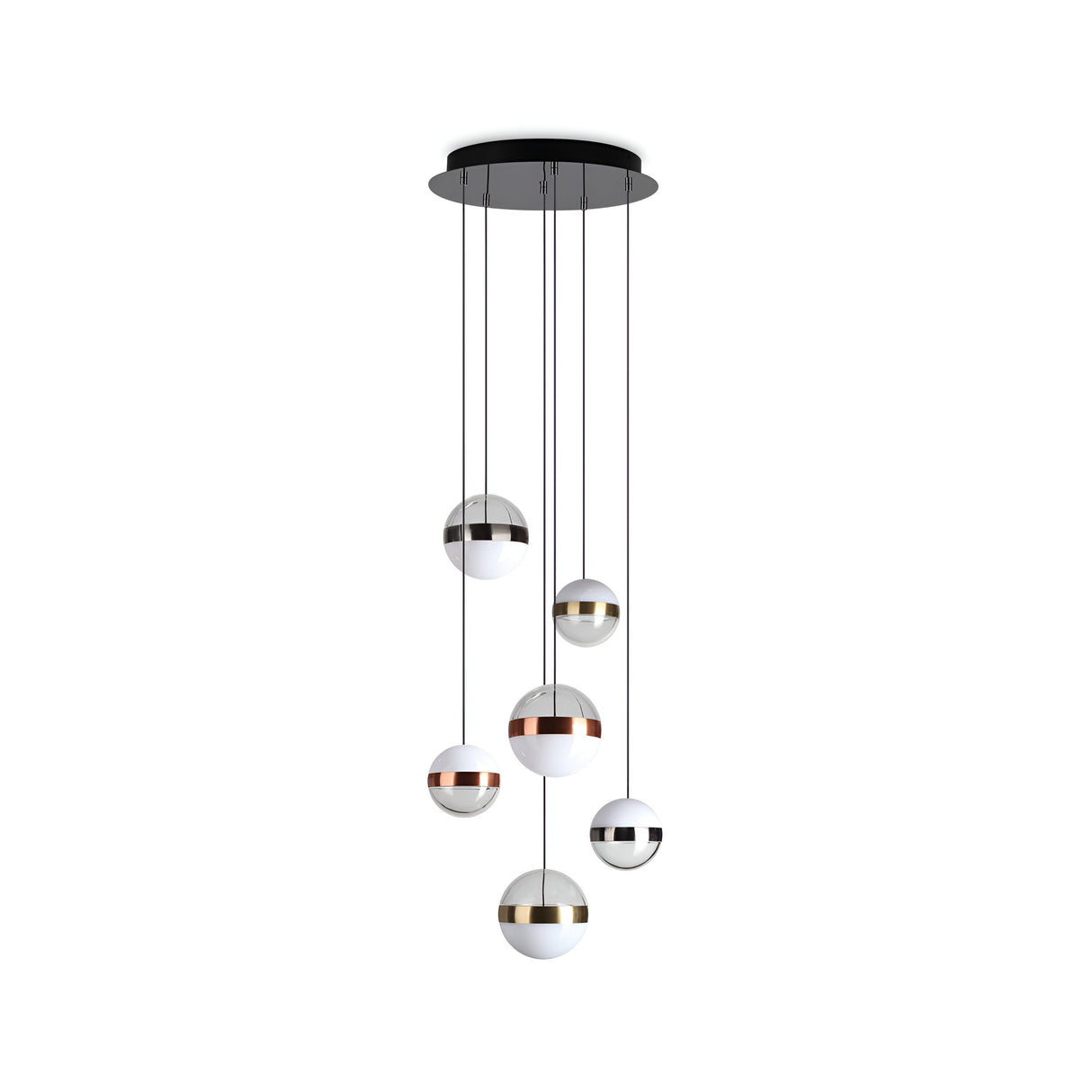 Presenting the Arionis 6 Light LED Cluster Pendant, a stylish lighting solution for an energy-efficient living space. This modern chandelier is designed with six spherical pendant lights suspended at varying lengths from a sleek circular black base. Each LED globe features a striking design, half white and half metallic, adorned with an elegant mix of gold, silver, and copper finishes.
