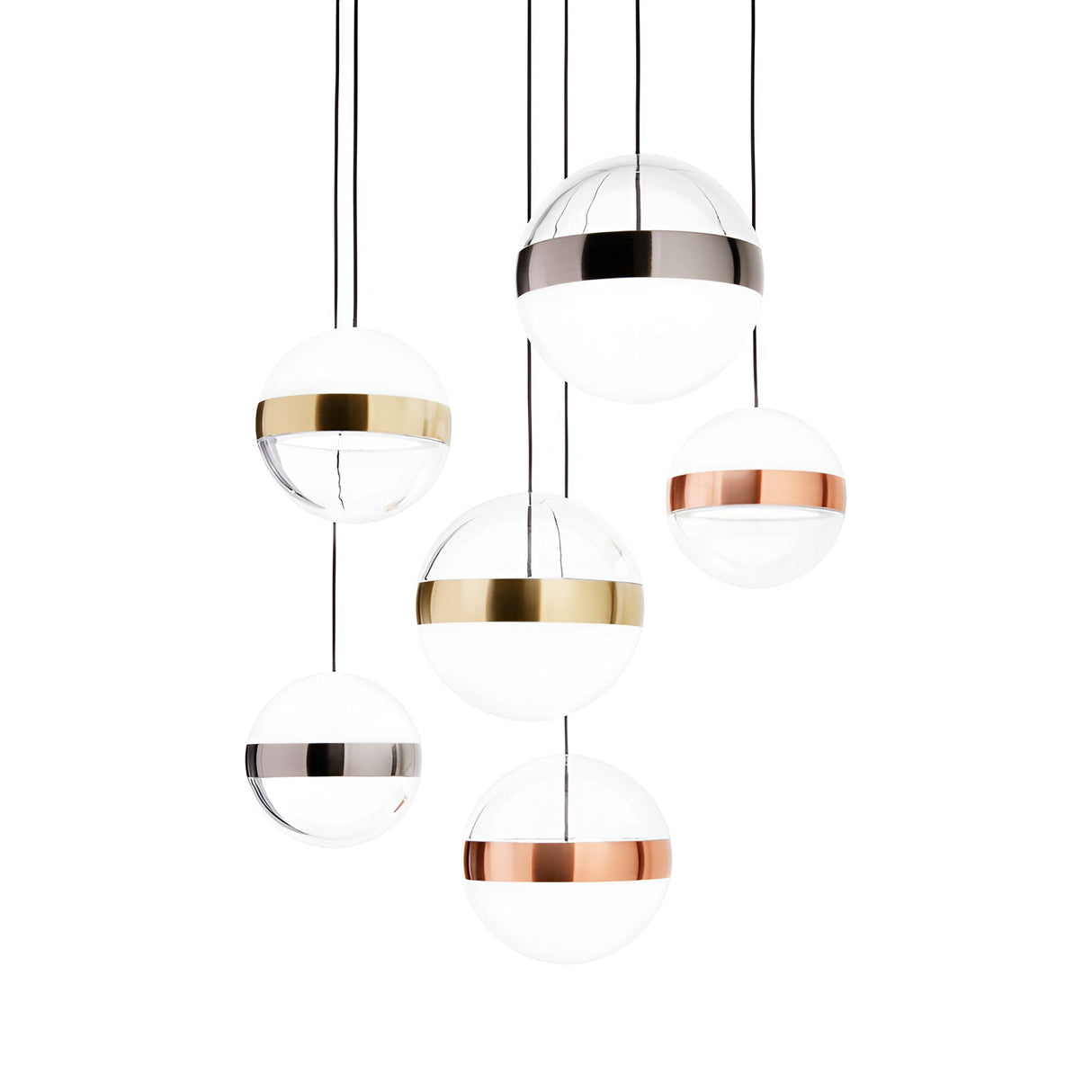 A stylish arrangement of Arionis 6 Light LED Cluster Pendant, featuring spherical glass designs with elegant metallic bands in chrome, bronze, and copper hues. These energy-efficient lights hang at varying heights against a plain white background, making them perfect for enhancing any modern living space.