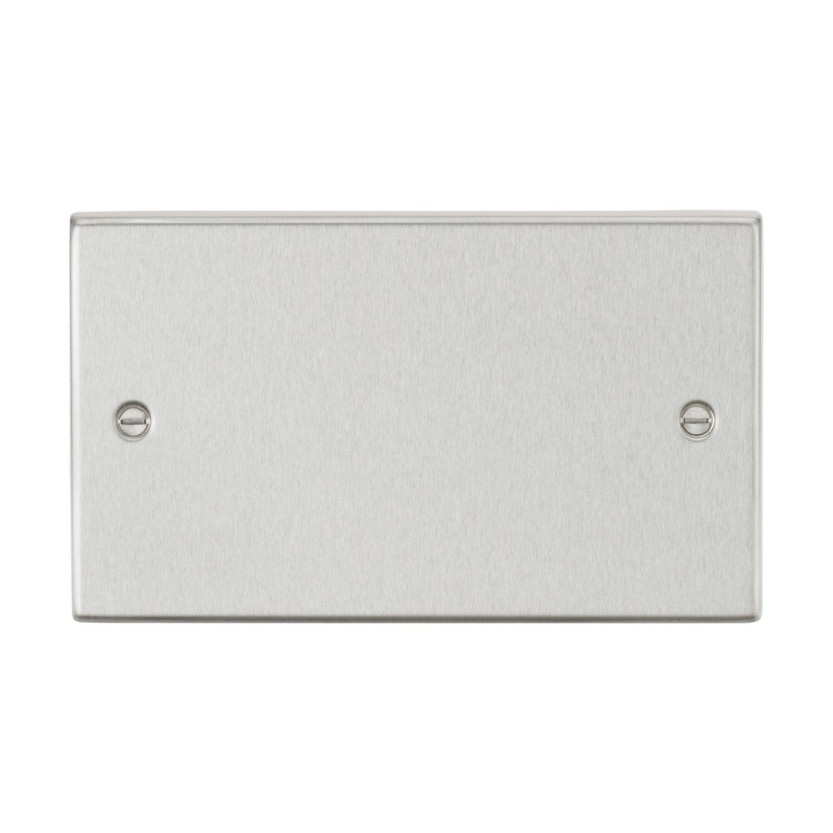 Introducing the 2 Gang Blanking Plate - Brushed Chrome (Square Edge), crafted from premium grade steel with a sleek brushed chrome finish. It boasts square edges and includes two visible screw holes for easy mounting, one on each side.
