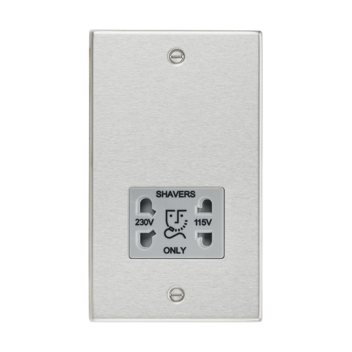 The 115/Dual Voltage Shaver Socket in brushed chrome features a square edge design with a grey insert. It offers dual voltage options of 230V and 115V, is marked with "SHAVERS ONLY" in bold black text, and includes a plug compatibility diagram.