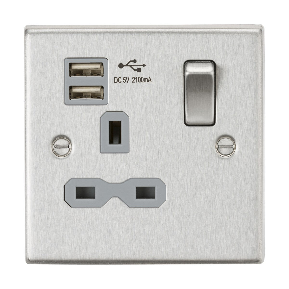 13A 1G SP Switched Socket with Dual USB A+A (5V DC 2.1A shared) - Brushed Chrome with Grey Insert