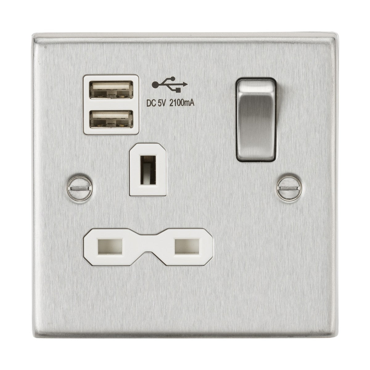 13A 1G SP Switched Socket with Dual USB A+A (5V DC 2.1A shared) - Brushed Chrome with White Insert