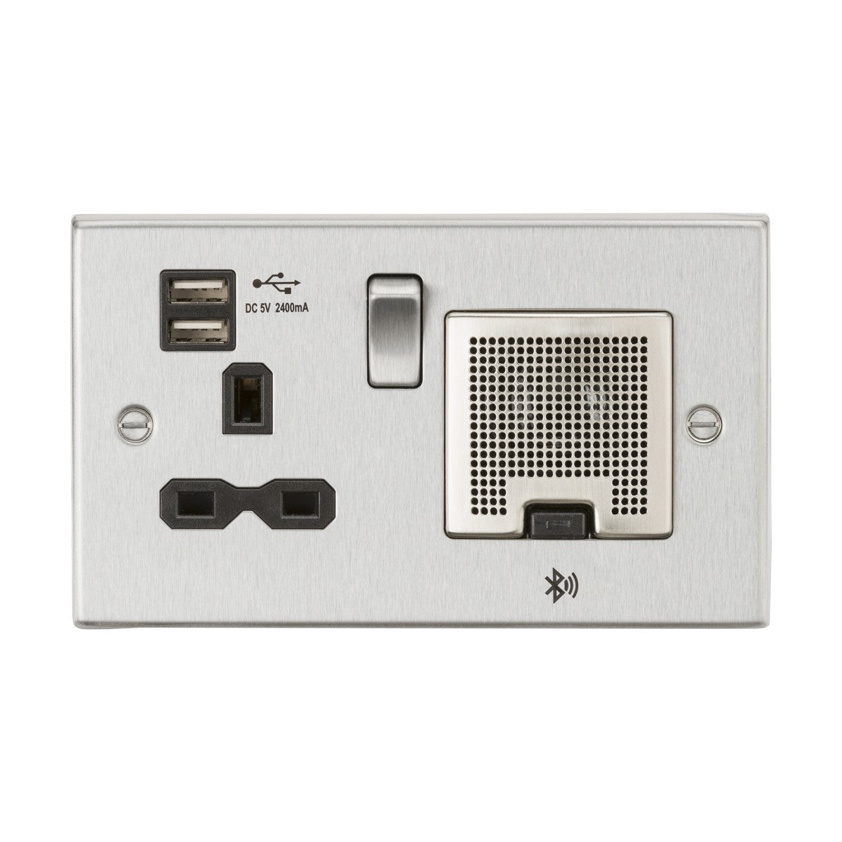 13A Socket Bluetooth Speaker and Dual USB A+A (5V DC 2.4A shared) - Brushed Chrome with Black Insert