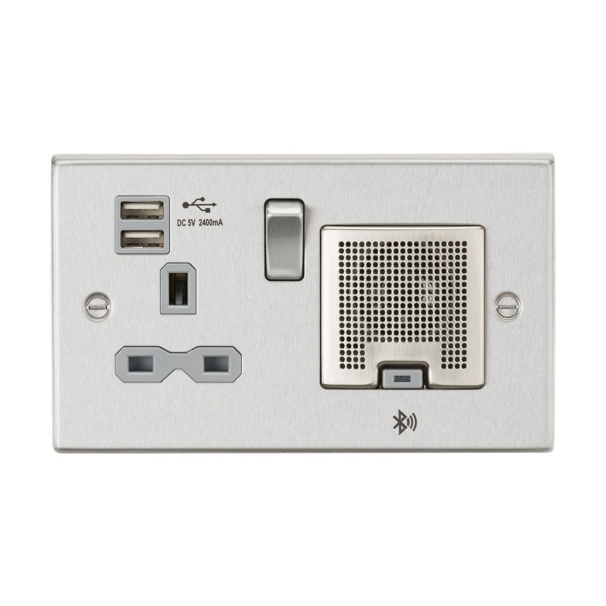 13A Socket Bluetooth Speaker and Dual USB A+A (5V DC 2.4A shared) - Brushed Chrome with Grey Insert