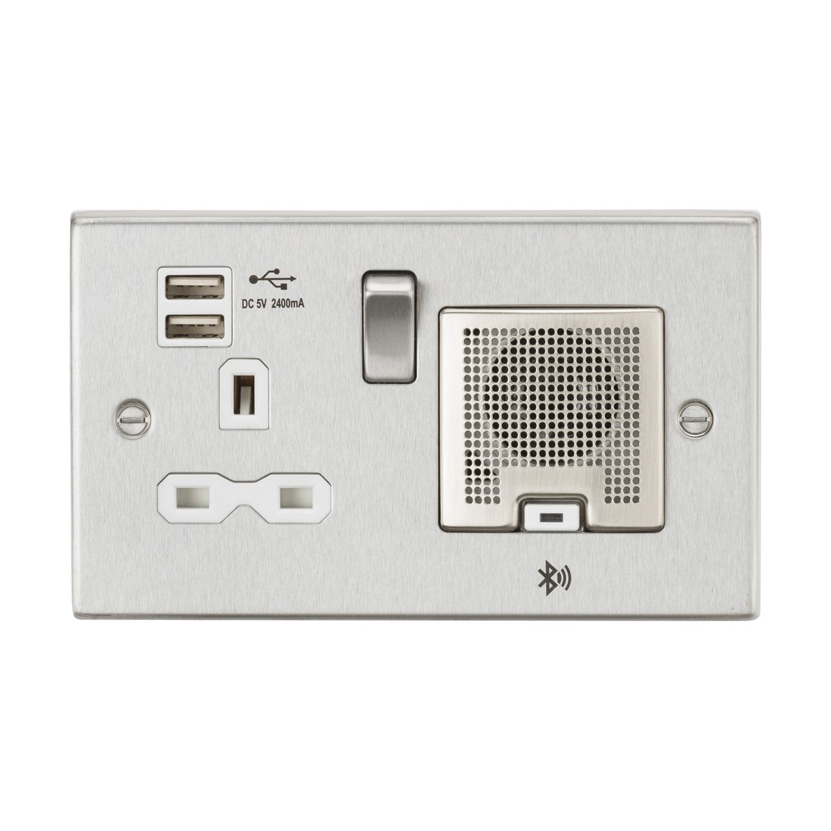 13A Socket Bluetooth Speaker and Dual USB A+A (5V DC 2.4A shared) - Brushed Chrome with White Insert