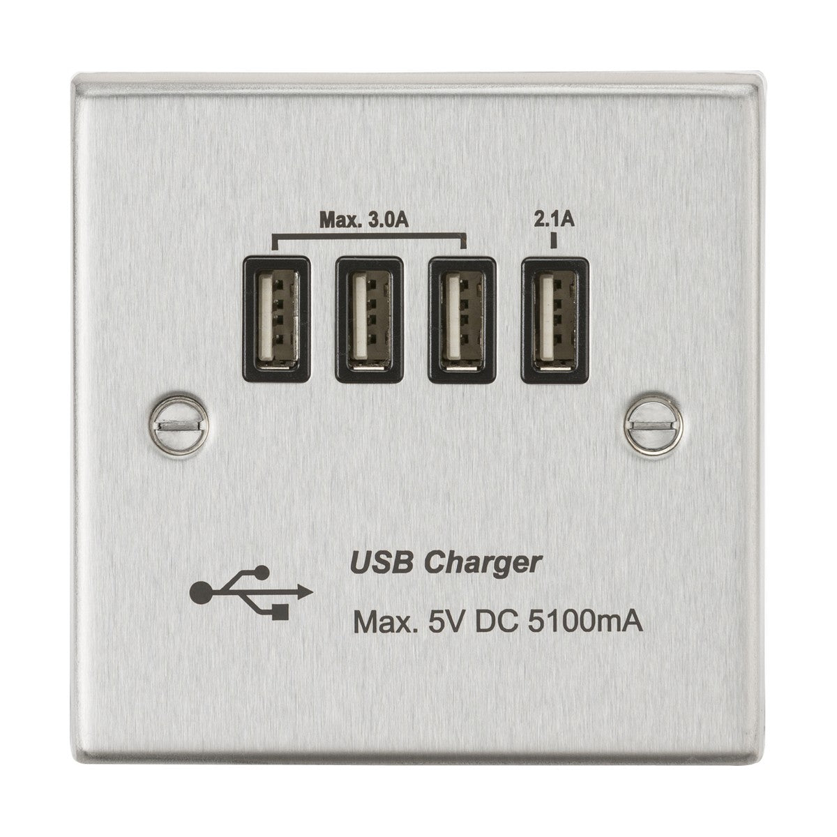 230V Quad USB-A Charger Outlet (5V DC 5.1A shared) - Brushed Chrome with Black Insert