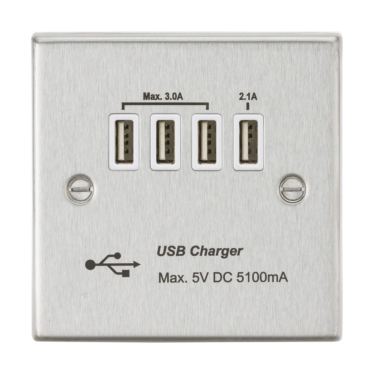 230V Quad USB-A Charger Outlet (5V DC 5.1A shared) - Brushed Chrome with White Insert