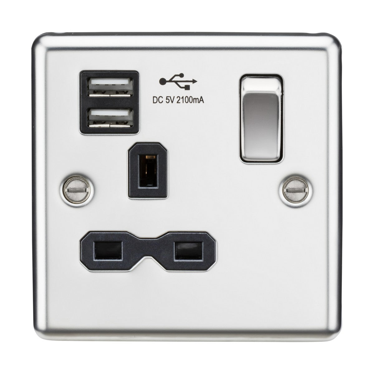 13A 1G SP Switched Socket with Dual USB A+A (5V DC 2.1A shared) - Polished Chrome with Black Insert