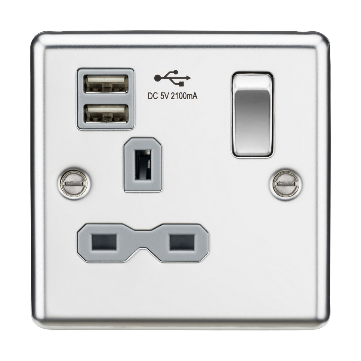 13A 1G SP Switched Socket with Dual USB A+A (5V DC 2.1A shared) - Polished Chrome with Grey Insert