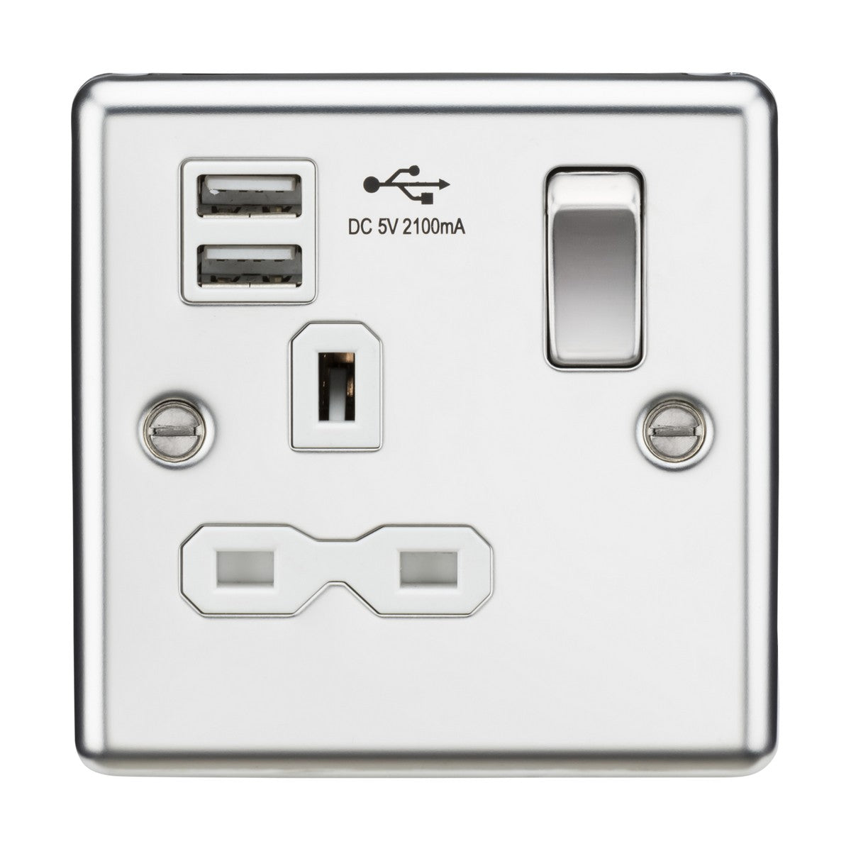 13A 1G SP Switched Socket with Dual USB A+A (5V DC 2.1A shared) - Polished Chrome with White Insert