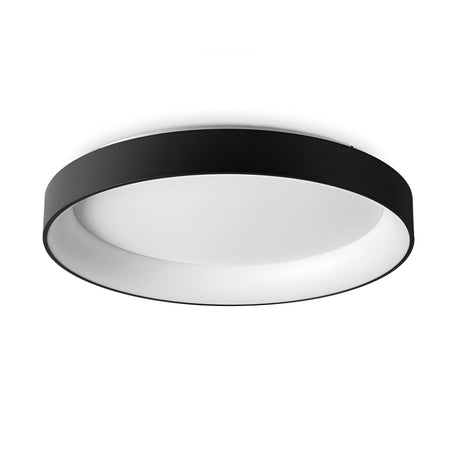 The Fluxis LED Flush Ceiling Light - Black, 80cm, features a sleek black outer rim and a white diffuser, providing energy-efficient illumination that complements modern interiors. Its minimalistic design makes it an ideal choice for various contemporary settings.
