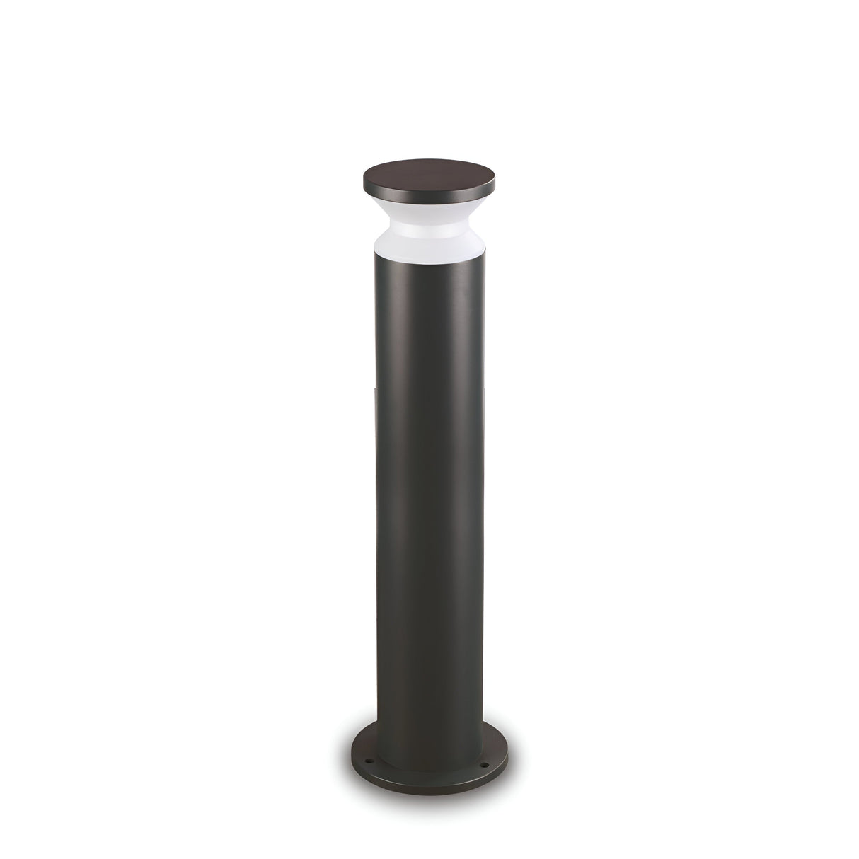 The Radiantix Outdoor Bollard Light - Black, 80cm boasts a sleek and modern design, characterized by its tall cylindrical shape and dark finish. This contemporary light features a durable aluminum body with a rounded top and white light diffuser, making it ideal for ground installation on its circular base.