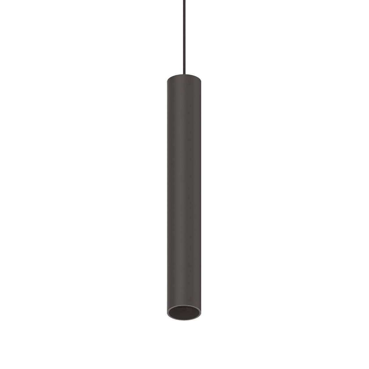 The Pure LED Magnetic Track Pendant 12W 4000K in black showcases a minimalist cylindrical design, suspended from the ceiling by a thin black cord. This energy-efficient fixture exudes modern sleekness, ideal for contemporary interiors.