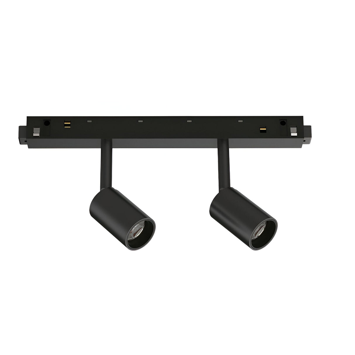 The Luxeon Dimmable LED Magnetic Twin Track Spotlight 5W 4000K in Black boasts a modern, minimalist design with its rectangular shape and two adjustable cylindrical lights. Ideal for interior lighting, it provides versatile illumination with dimmable LED spotlights at a 4000K colour temperature, elegantly enhancing any space.