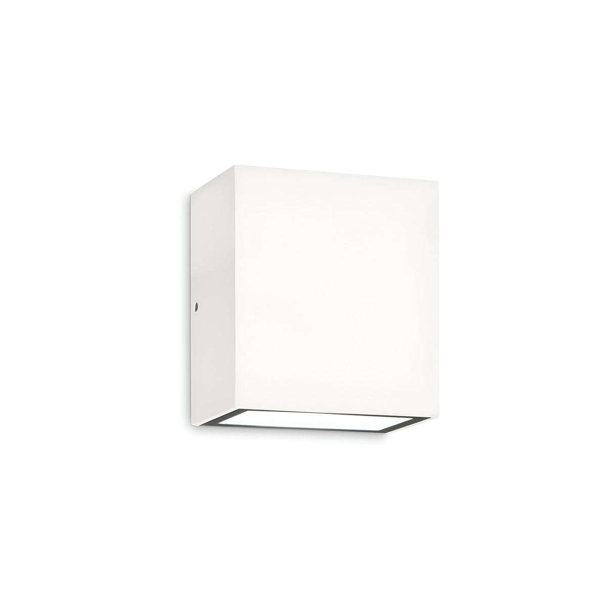 The Glaera Outdoor LED Wall Light 6W 4000K - White, with its minimalist cube-shaped design crafted from powder-coated die-cast aluminum, stands elegantly against a light gray background.