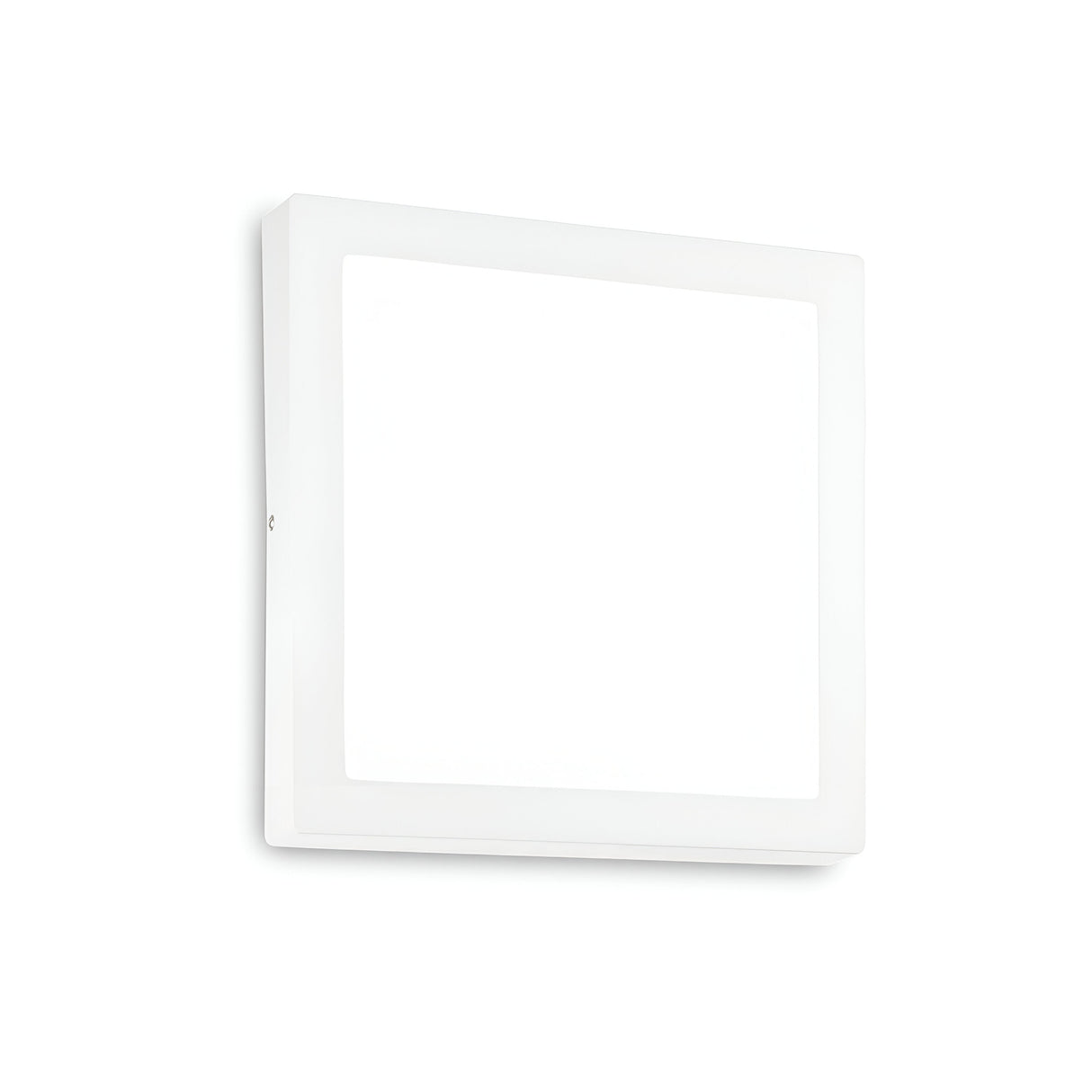 The Zephyrus Square LED Ceiling & Wall Light 4000K in white, with its sleek 30cm minimalist rectangular design, is mounted on a plain white wall. Its modern frame and smooth surface enhance its contemporary aesthetic, ensuring both style and functionality.