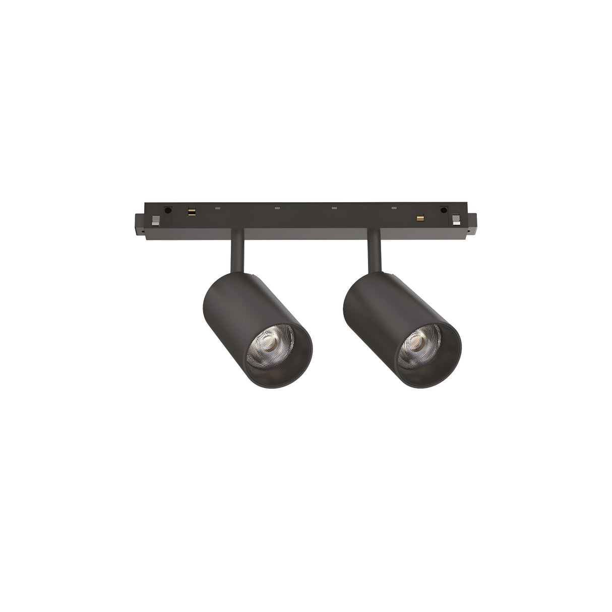 The Luxeon Dimmable LED Magnetic Twin Track Spotlight 16W 4000K in black boasts a sleek, rectangular ceiling-mounted design with two cylindrical spotlights. These energy-efficient spotlights elevate the ambiance against a pristine white background.