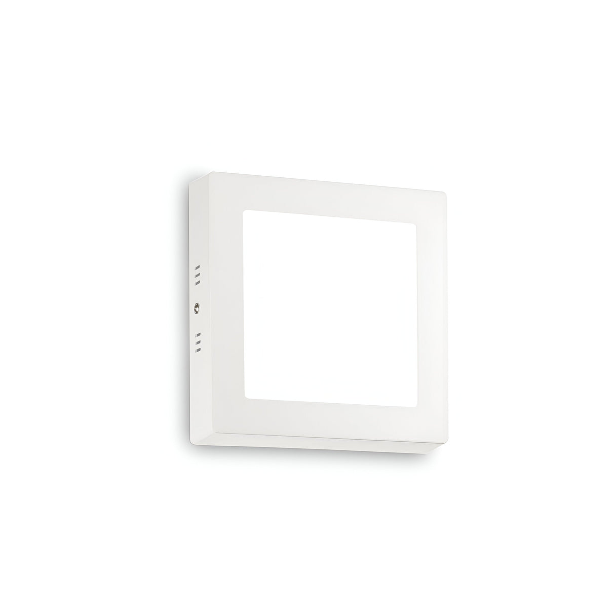 A Zephyrus 17cm Square LED Ceiling & Wall Light in white is mounted on a plain white wall. This fixture, with an IP20 rating and a color temperature of 4000K, is turned off.