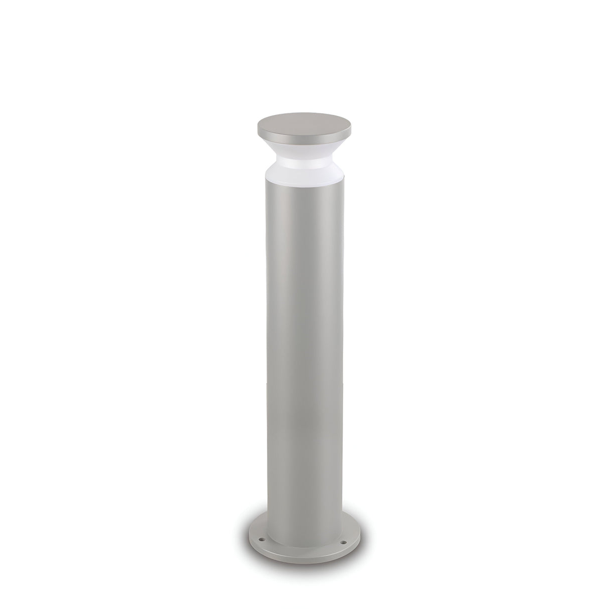 The Radiantix Outdoor Bollard Light in grey stands at 80cm with a sleek, modern design featuring a cylindrical body and circular top, making it ideal for garden lighting. This stylish metal fixture is perfect for illuminating landscapes or pathways, and its contemporary design is accentuated by the plain white background.