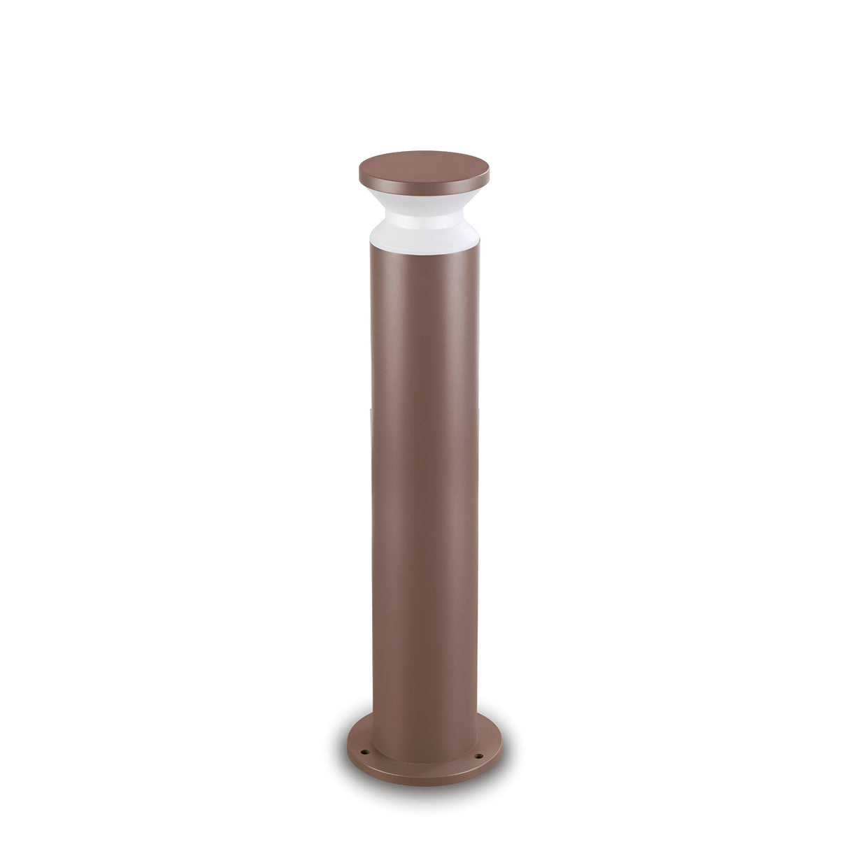 The Radiantix Outdoor Bollard Light in brown, measuring 80cm, radiates rustic elegance with its white band near the top. It stands on a circular base and is designed for outdoor use with an IP44 rating for durability, all set against a plain white background.