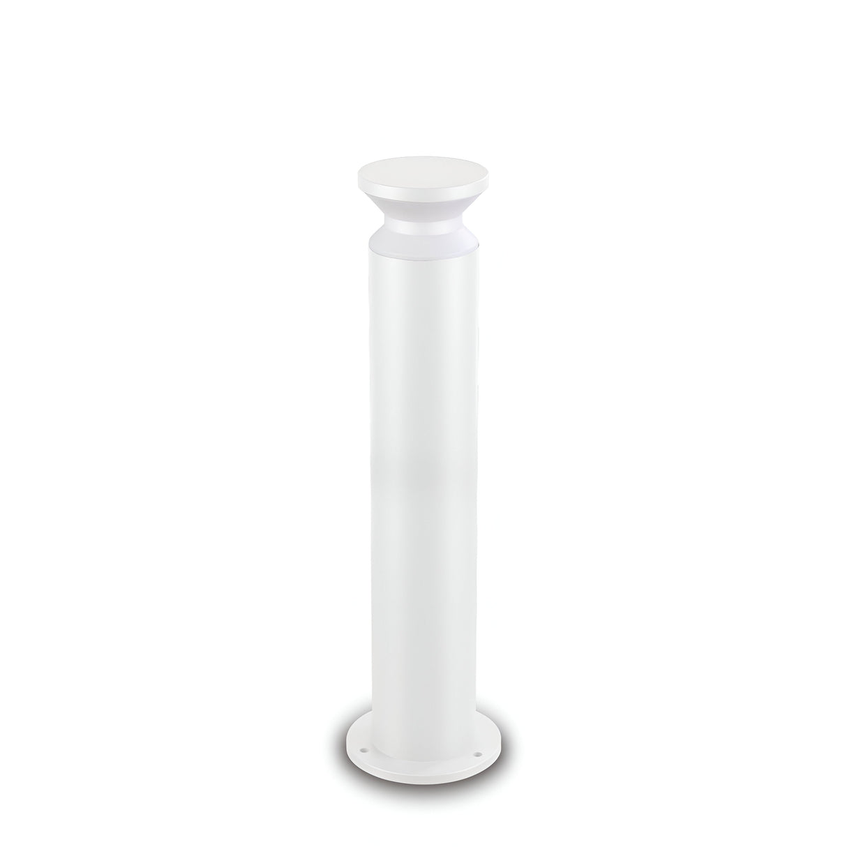 The Radiantix Outdoor Bollard Light - White, 80cm, boasts a tall, cylindrical design with a powder-coated white finish and includes a round base and flat top. Its sleek, minimalist appearance makes it ideal as an outdoor bollard against a plain white background.