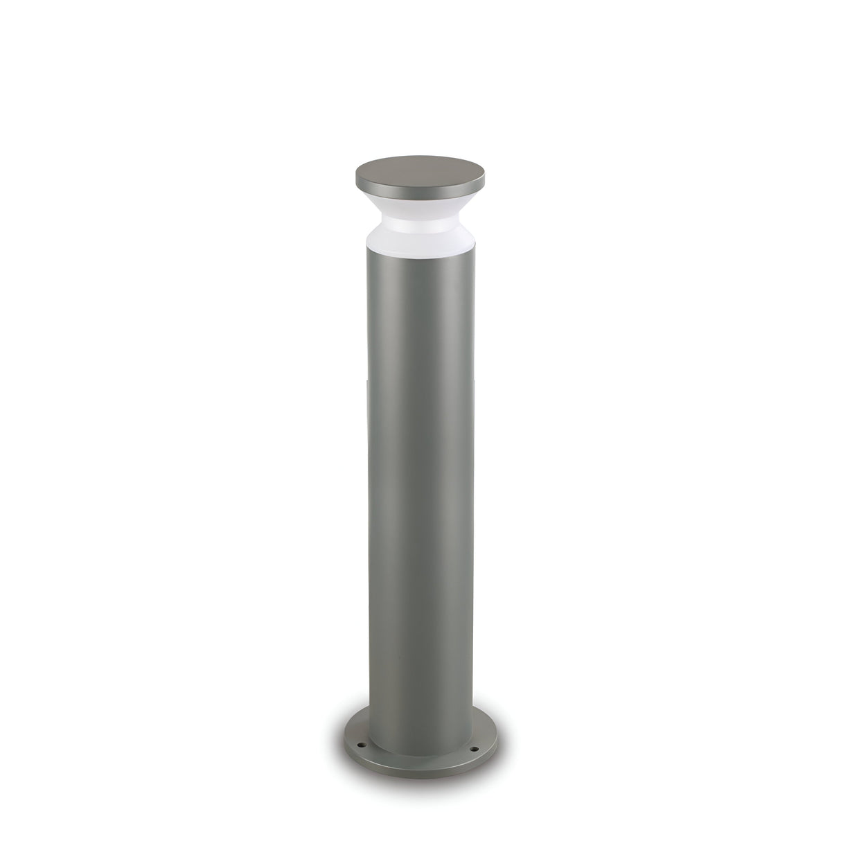 The Radiantix Outdoor Bollard Light - Anthracite, 80cm features a sleek cylindrical design with an anthracite finish and a flat circular top. This IP44-rated light emits a soft glow from its upper section, making it ideal for illuminating pathways or gardens.