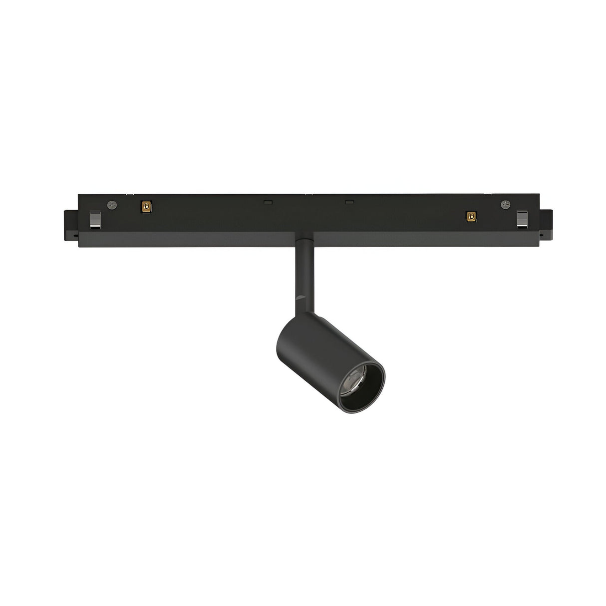 The Luxeon Dimmable LED Magnetic Track Spotlight 3W 3000K in black is a sleek fixture with a cylindrical spotlight extending downward from a horizontal bar, offering modern design ideal for stylish interior lighting.