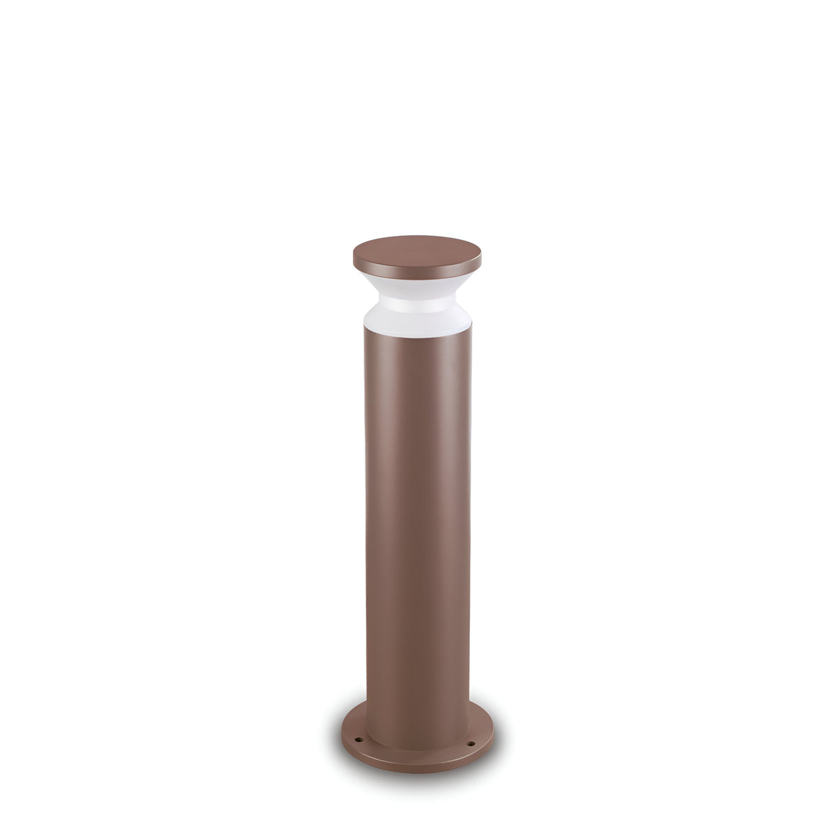 The Radiantix Outdoor Bollard Light, standing at 60cm, combines a sleek and modern design with rustic charm through its cylindrical brown base and round, flat top. The middle section emits ambient lighting that subtly reveals its source. It is gracefully anchored on a flat, circular base for stability.