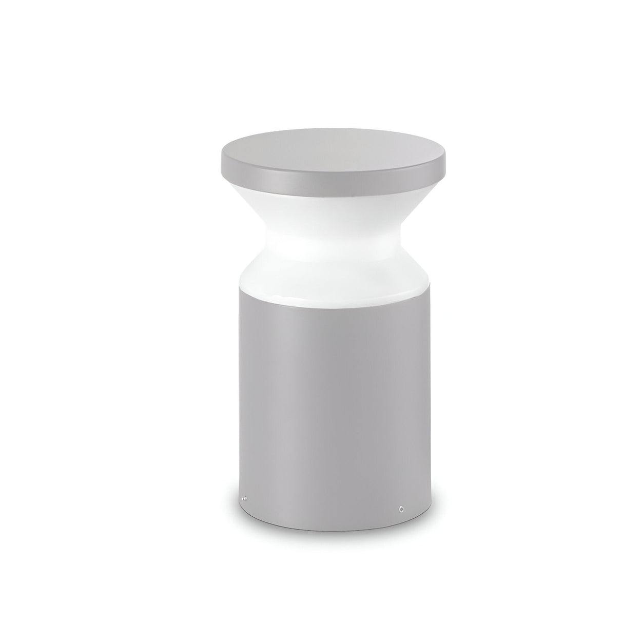 Introducing the Radiantix Outdoor Bollard Light, this modern piece showcases a sleek cylindrical design with a metallic gray base and a smooth, lighter gray hourglass shape. With clean lines and a contemporary aesthetic reminiscent of an outdoor bollard, it stands out effortlessly against a plain white background.