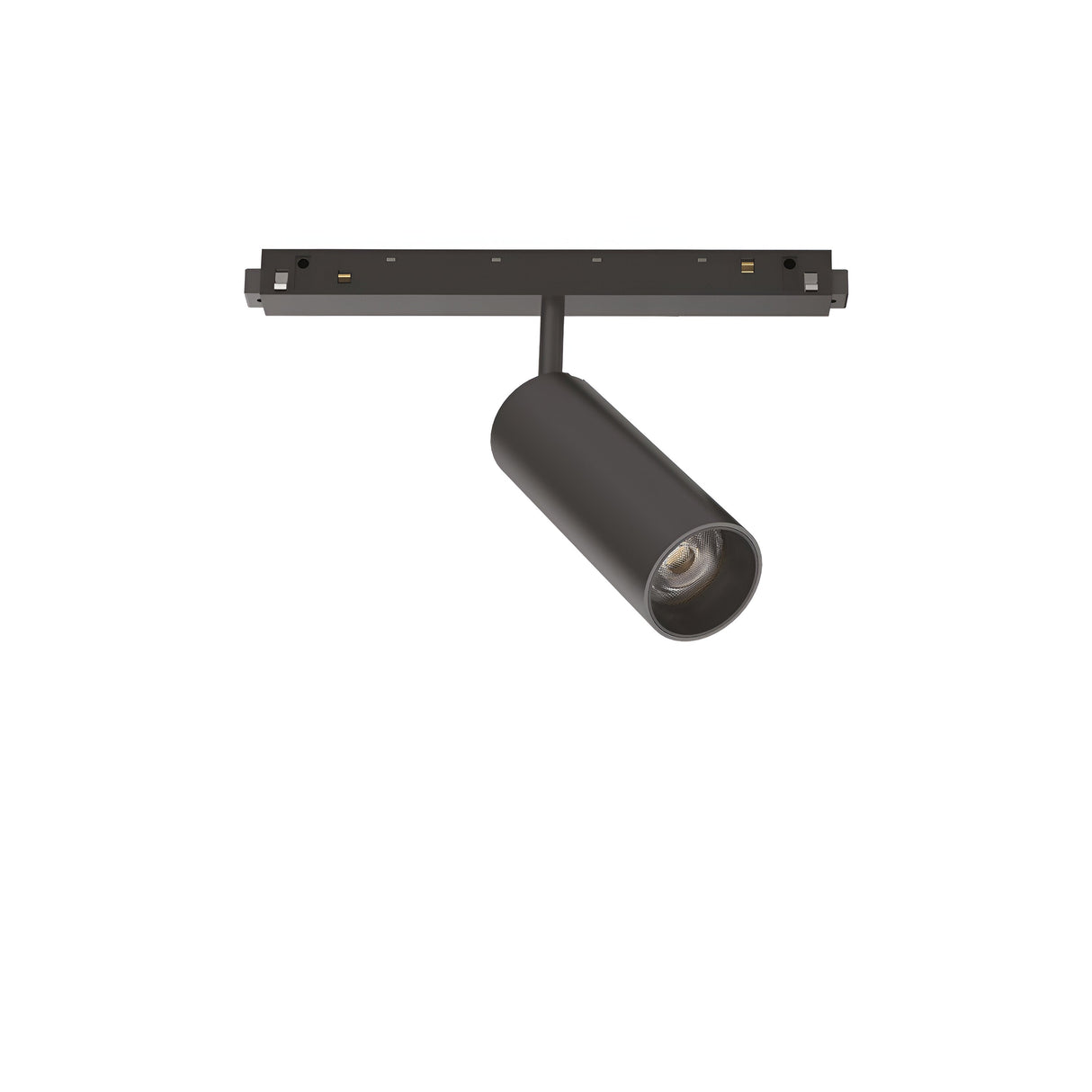The Luxeon LED Magnetic Track Spotlight 12W 4000K in black features a modern cylindrical design that emits a neutral glow. It's designed to be mounted on a horizontal track, allowing for customizable lighting arrangements to beautifully illuminate indoor spaces while adding a contemporary flair to the decor.