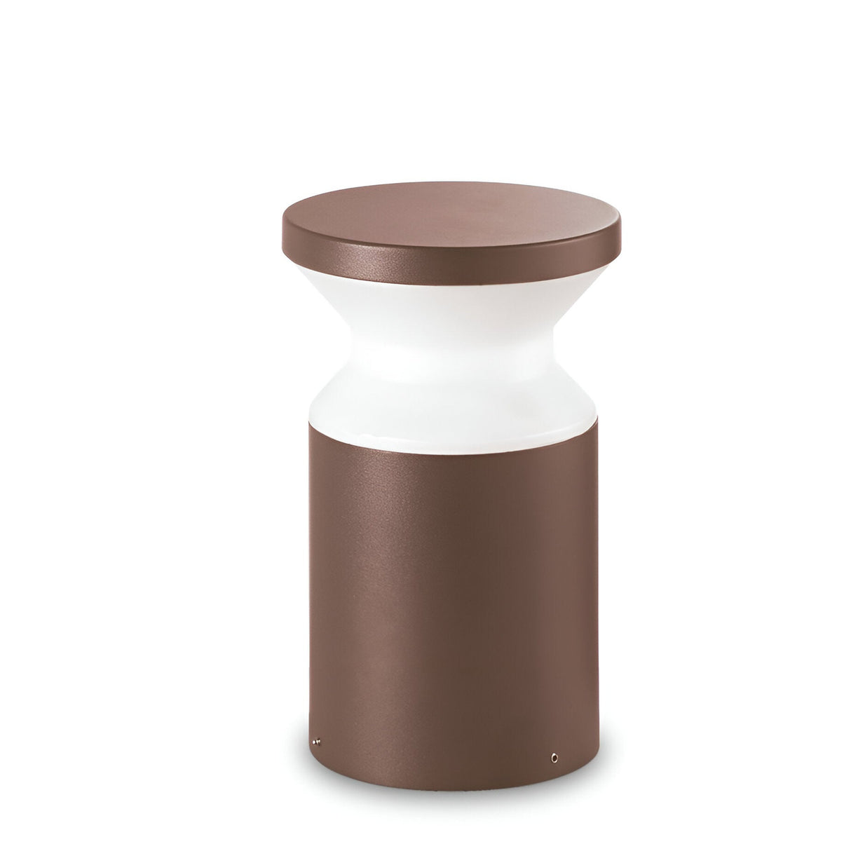 The Radiantix Outdoor Bollard Light - Brown, 22cm showcases a contemporary cylindrical design with a brown base and top, paired with a white, hourglass-shaped midsection. This stylish lamp perfectly enhances rustic aesthetics and minimalist styles, making it ideal for garden or pathway illumination.