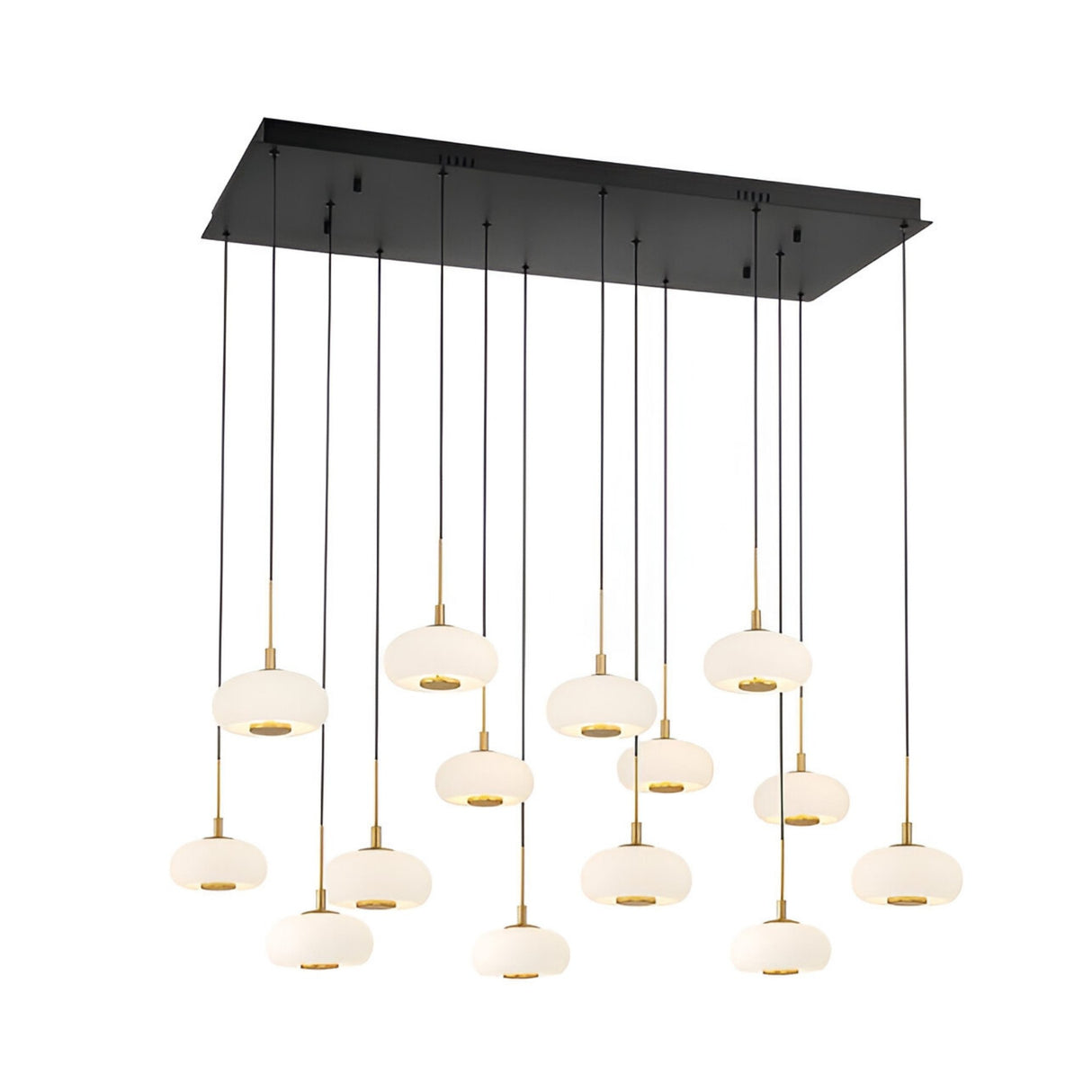 The Aurevia 14 Light LED Dome Alabaster Bar Pendant Light features fourteen alabaster dome shades with gold accents, suspended at varying heights from matte black cables for a modern linear chandelier look.