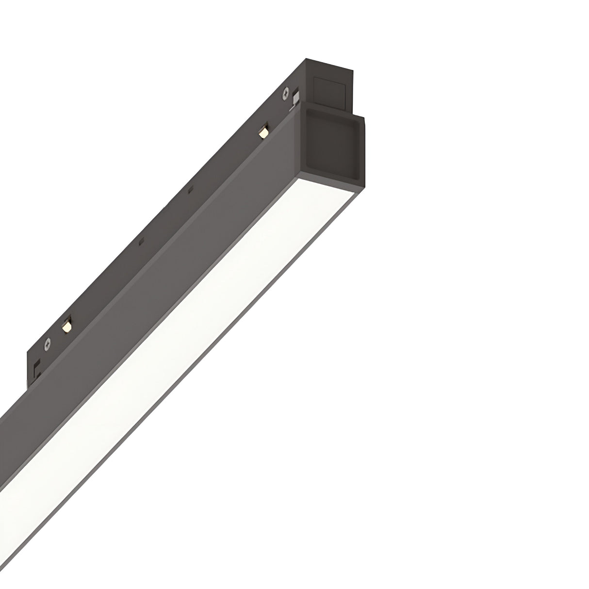 A close-up view of the Luxeon Wide LED Linear Track Light 13W 4000K On-Off - Black highlights its sleek and minimalist design, featuring an illuminated panel with a black frame. This energy-efficient light fixture emits a 4000K glow and is suspended, showcasing small mounting holes on the frame.