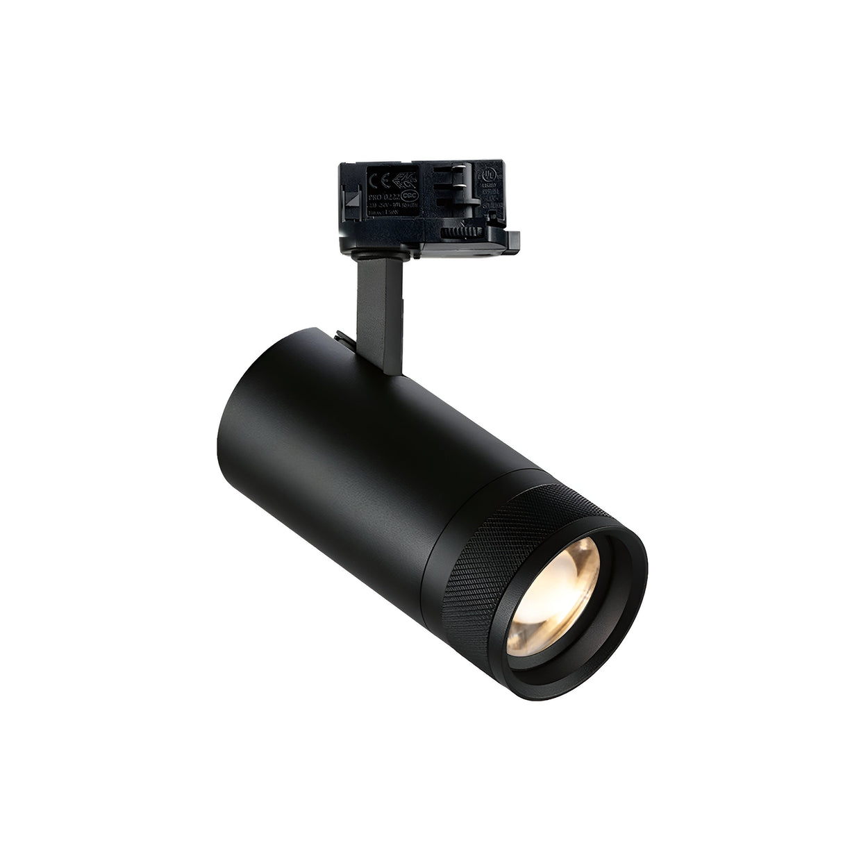 The Solis Three Phase LED Track Spotlight 25W 4000K in black features a sleek cylindrical design attached to a matching black mounting base. It offers high-efficiency lighting that emits a soft glow, while its adjustable beam angle ensures precision in illumination.