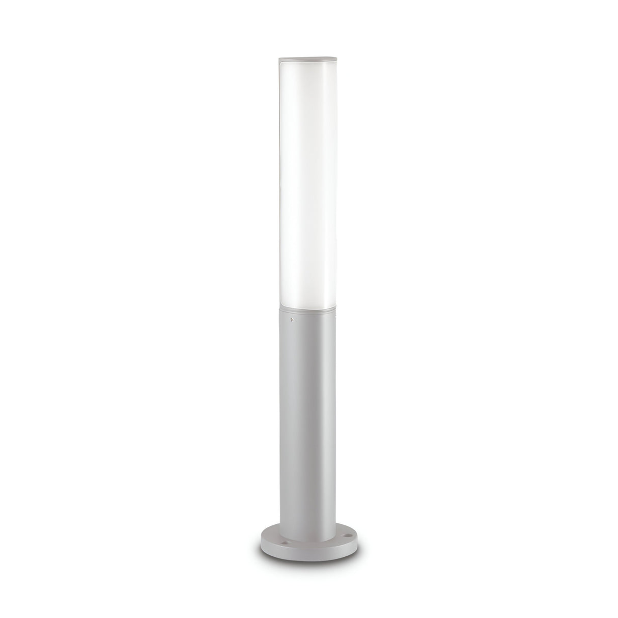 The Glintis Outdoor LED Bollard Light features a sleek, modern cylindrical design crafted from aluminium with a brushed metal base and frosted white lampshade. This minimalist aesthetic, rated IP44 for enhanced durability, stands upright on a round base and emits a soft ambient light at 3000K, making it perfect for any setting.
