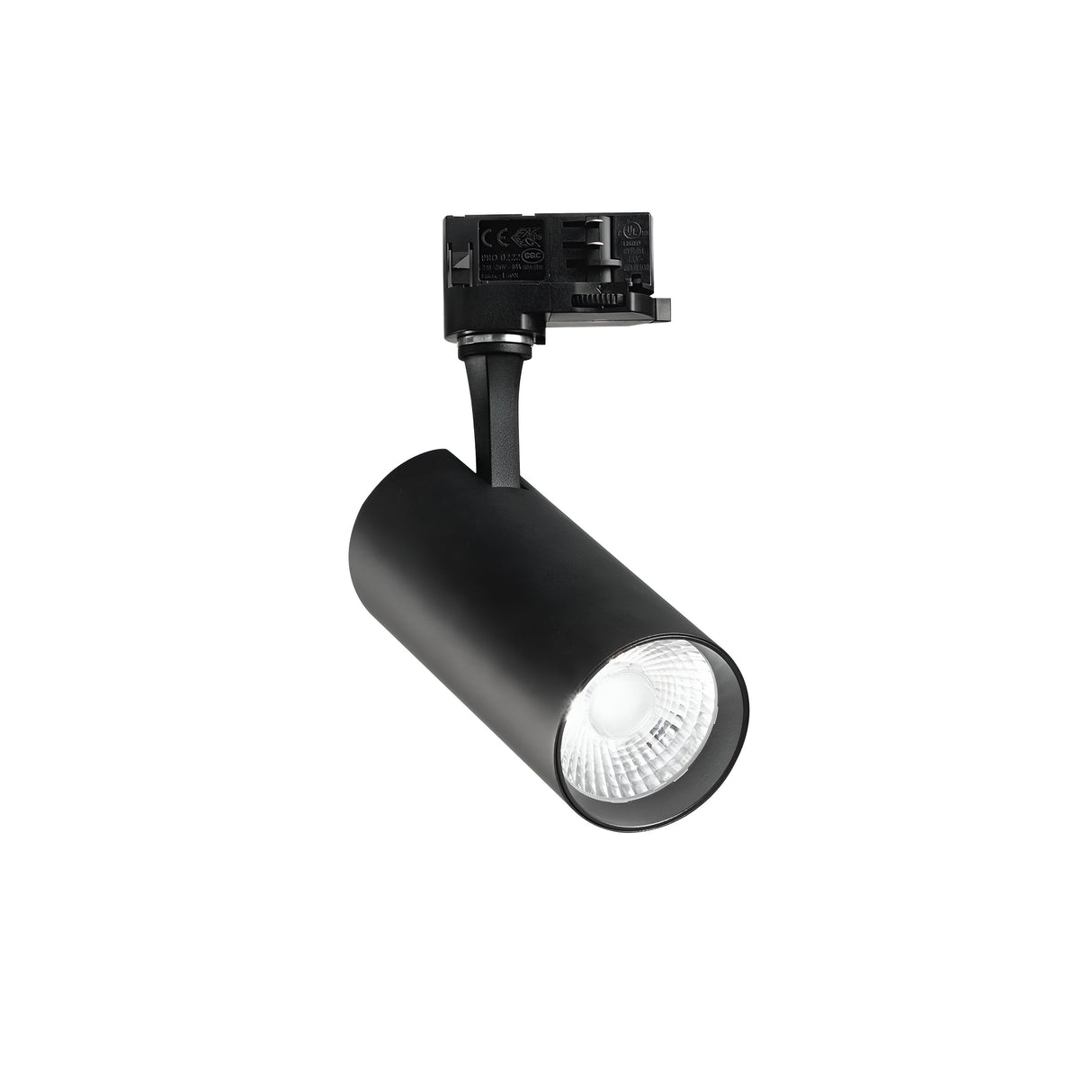 The Ignis LED Three Phase Track Spotlight 25W CRI90 4000K in black features a sleek, cylindrical design with a white bulb. Displayed against a white background, this spotlight includes a pivoting arm and mounting base with visible labels and components for optimal functionality.