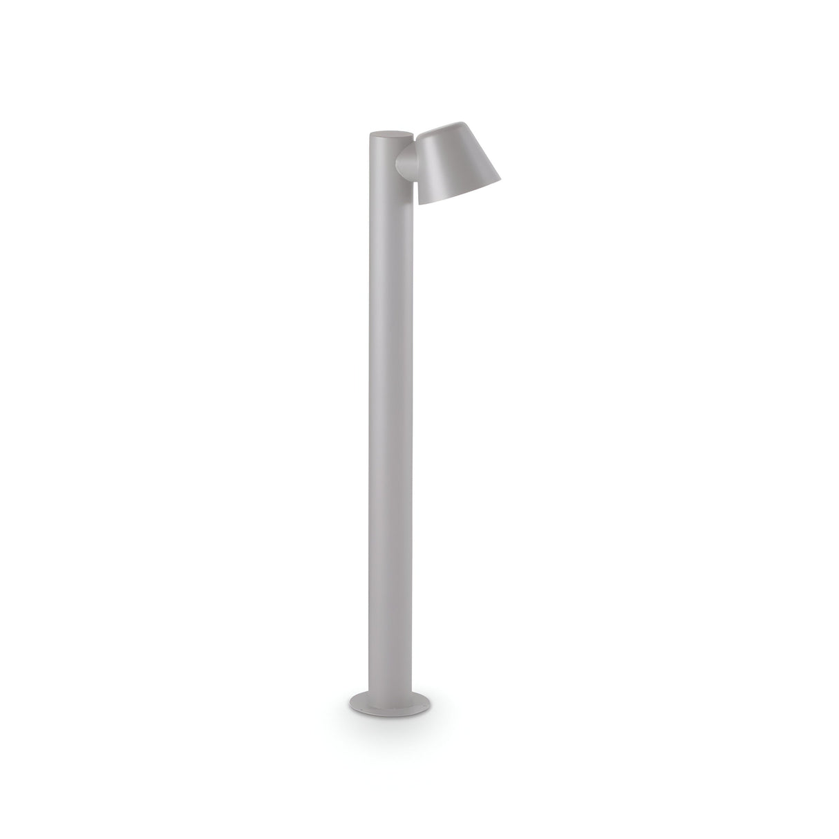 Introducing the Quasar Outdoor Bollard Light in a sleek grey finish, featuring a minimalist design with a cylindrical base and slim vertical pole. The top is adorned with an angled, cone-shaped lampshade that completes its modern look, ideal for adding elegance to any interior or serving as an outdoor bollard.