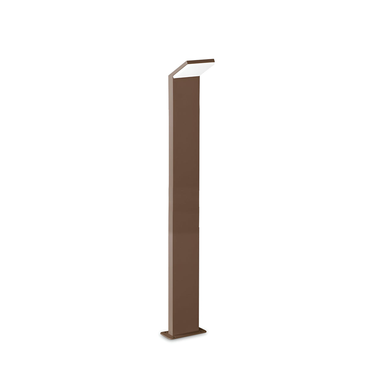The Brillix Outdoor LED Bollard Light in brown, standing at 100 cm with a sleek rectangular base and an angled top, is crafted from durable metal. It's designed for modern minimalist decor and provides energy-efficient illumination with a warm 3000K light.