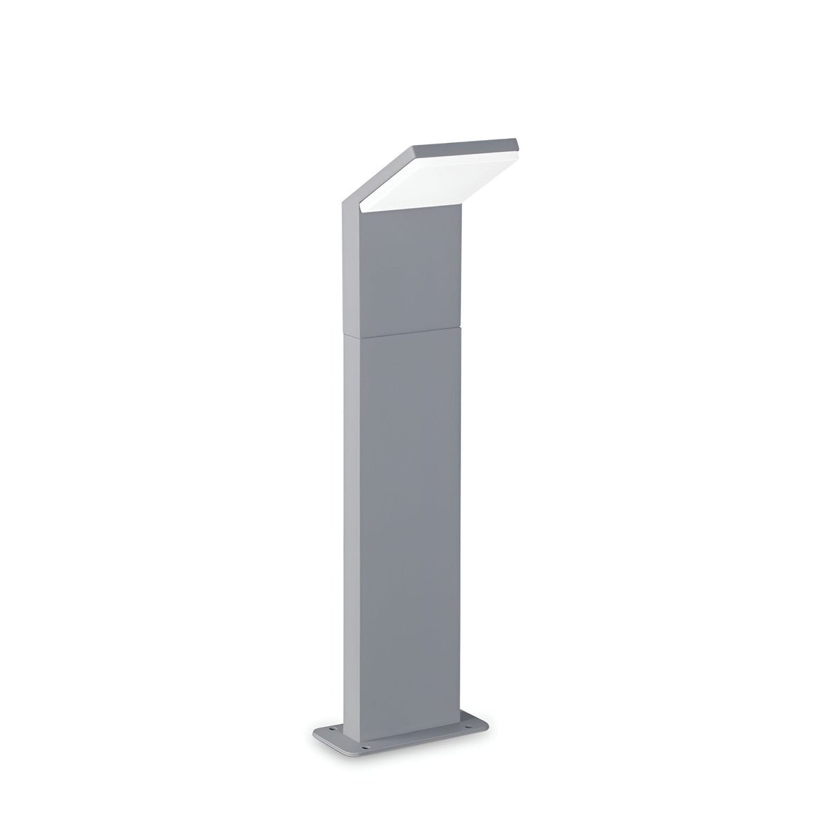 Introducing the Brillix Outdoor LED Bollard Light, featuring a sleek and modern design with a tall, angular profile and a sophisticated grey metal finish. Its head is elegantly angled to direct light downward, utilizing energy-efficient technology. With an IP54 rating for enhanced durability, this lamp stands securely on a flat rectangular base.