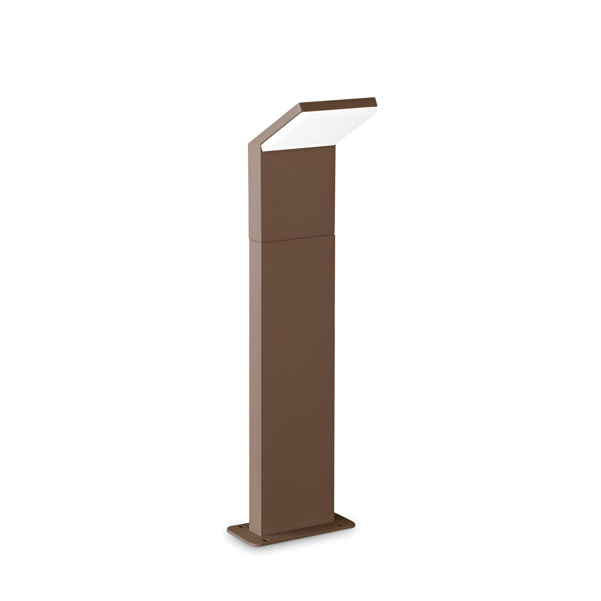The Brillix Outdoor LED Bollard Light is a modern, rectangular outdoor fixture in brown with a slanted top and white light panel. This durable bollard boasts a sleek, minimalist design on a flat base, providing energy-efficient lighting at 3000K and standing 50cm tall.