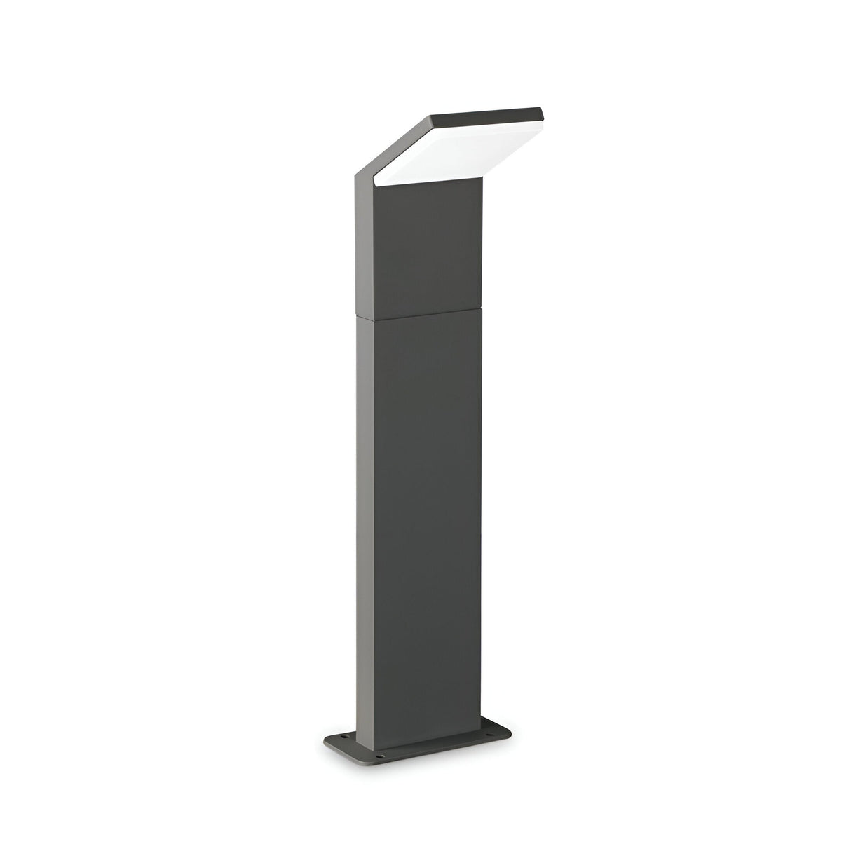 The Brillix Outdoor LED Bollard Light in anthracite features a slanted top and white light panel, providing energy-efficient illumination. Ideal for pathways or gardens, it offers a sleek, minimalist appearance with an IP54 rating and outputs warm 3000K lighting at a height of 50cm.