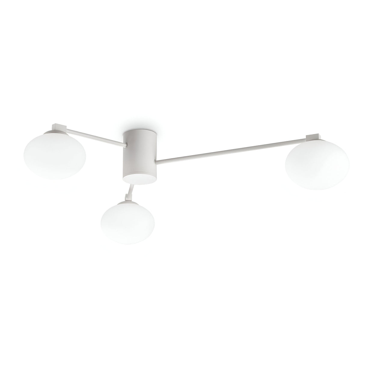 The Enigma 3 Light Semi Flush - White, 90cm is a minimalist ceiling fixture featuring three spherical frosted glass shades connected by a metal rod. The dimmable design enhances versatility, and the evenly spaced spheres form a modern, sleek look on its cylindrical base.