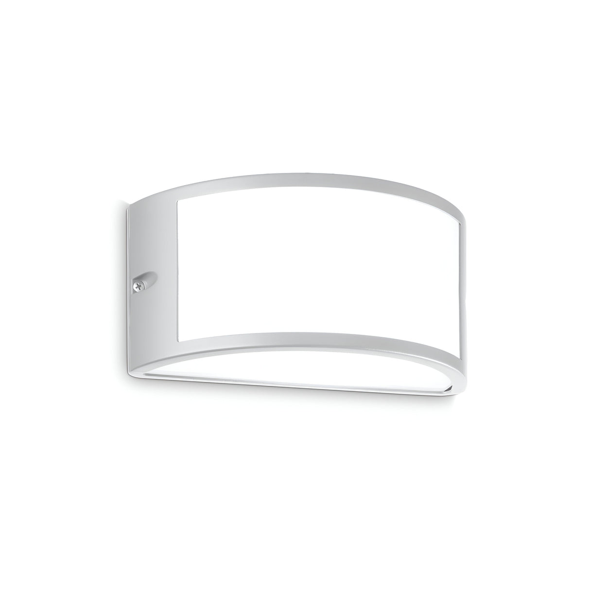 The Lucera Outdoor Wall Light - Grey features a modern, minimalist design with a curved, powder-coated die-cast aluminum frame and a frosted white diffuser. It's crafted to emit soft, ambient light and boasts a sleek, contemporary appearance.