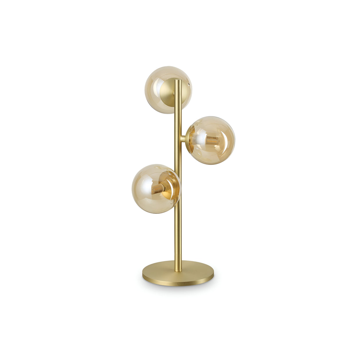 The Solana Large Table Lamp in Brass showcases a modern design, featuring a gold metallic base with three elegant glass globes arranged vertically. Its sleek form includes a central gold rod supporting the diffusers, offering an elegant and contemporary aesthetic.