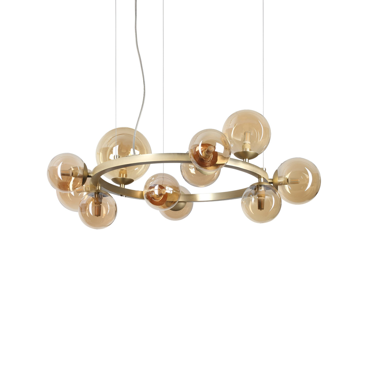 The Solana 11 Suspension Light - Brass boasts a contemporary chandelier design with an oval metal frame in a sleek brass finish and several round amber blown glass diffusers. It is gracefully suspended from wires, offering a sophisticated and modern lighting solution.