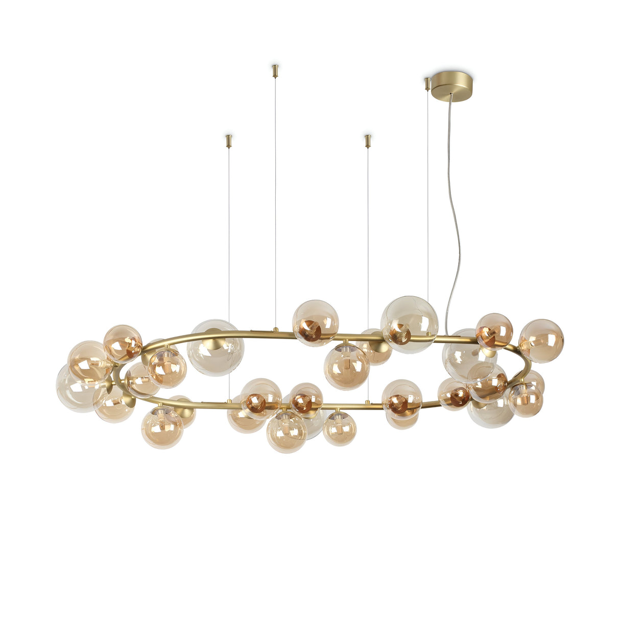 The Solana 30 Suspension Light - Brass showcases a contemporary chandelier design, featuring multiple spherical glass bulbs and blown glass diffusers gracefully mounted on a circular satin brass frame. This elegant fixture is suspended from the ceiling by several thin cords, enhancing its modern appeal.