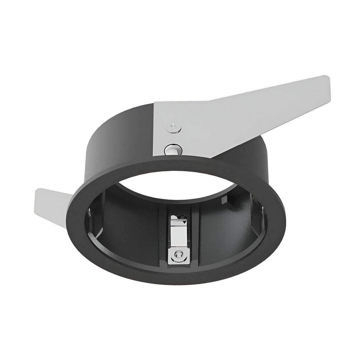 The Glistenis Trim Round Frame For Downlight 77mm - Black is a black cylindrical mounting bracket with adjustable features designed for securing recessed lighting fixtures. Its sleek and industrial design complements modern lighting installations, making it ideal for various ceiling applications.