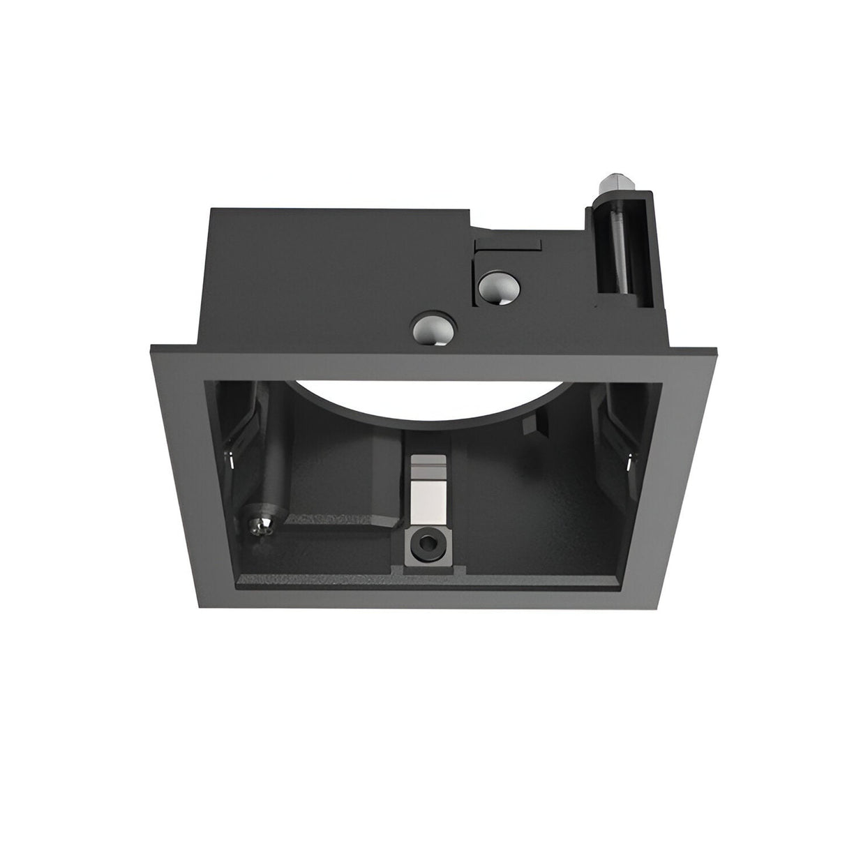 The Glistenis Trim Square Frame 78mm in black is a rectangular metal bracket featuring a matte finish. It has various slots and holes, suggesting it as a component for mounting or assembly, perfect for downlight installations. The frame also includes a cylindrical attachment on one side and features a central square opening.