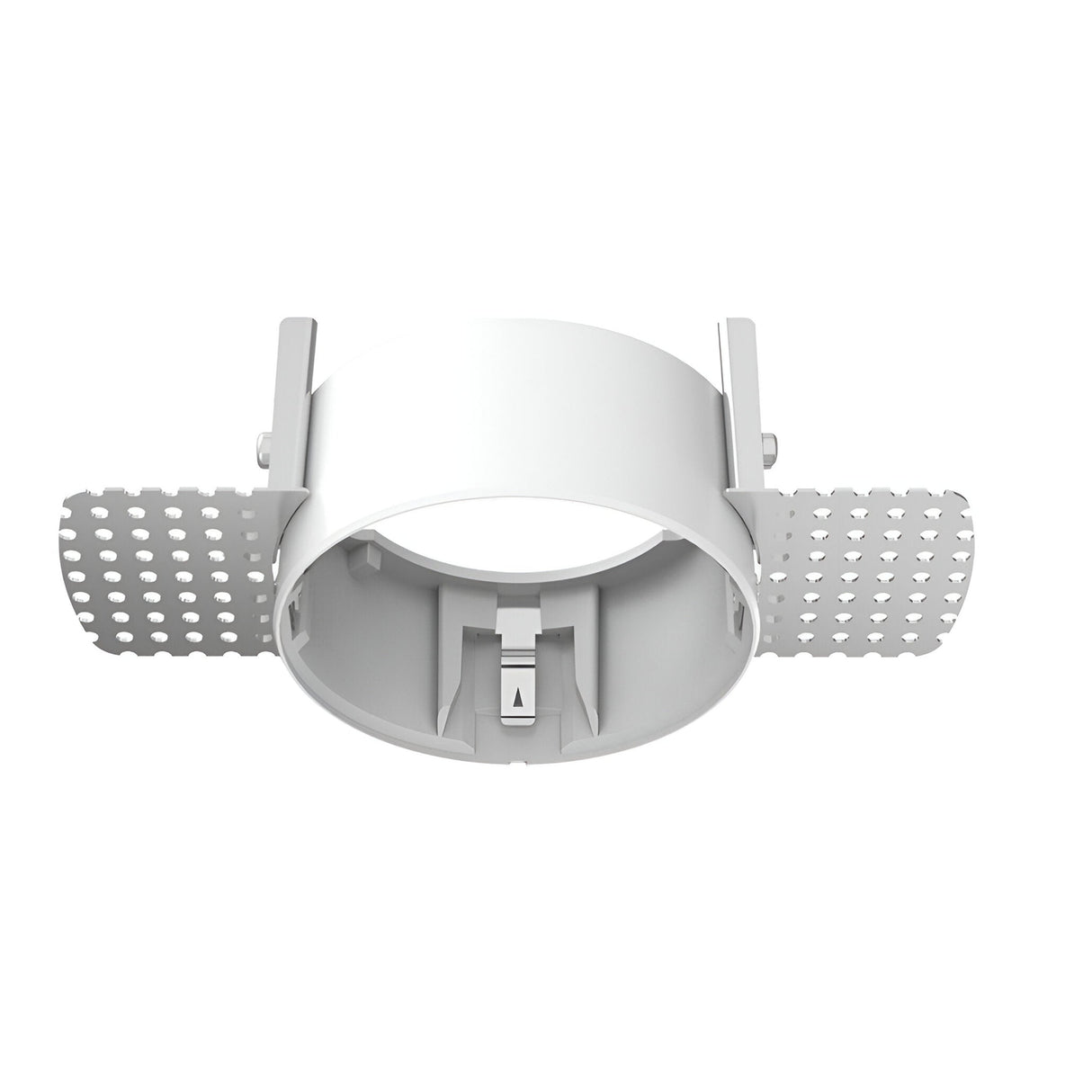 The Glistenis Trimless Round Frame for Downlight 66mm in white features a circular design with two perforated wings for easy installation. Its trimless finish provides a seamless integration into the ceiling, with an open center designed to fit a light bulb. This sleek aesthetic is perfect for modern interiors.